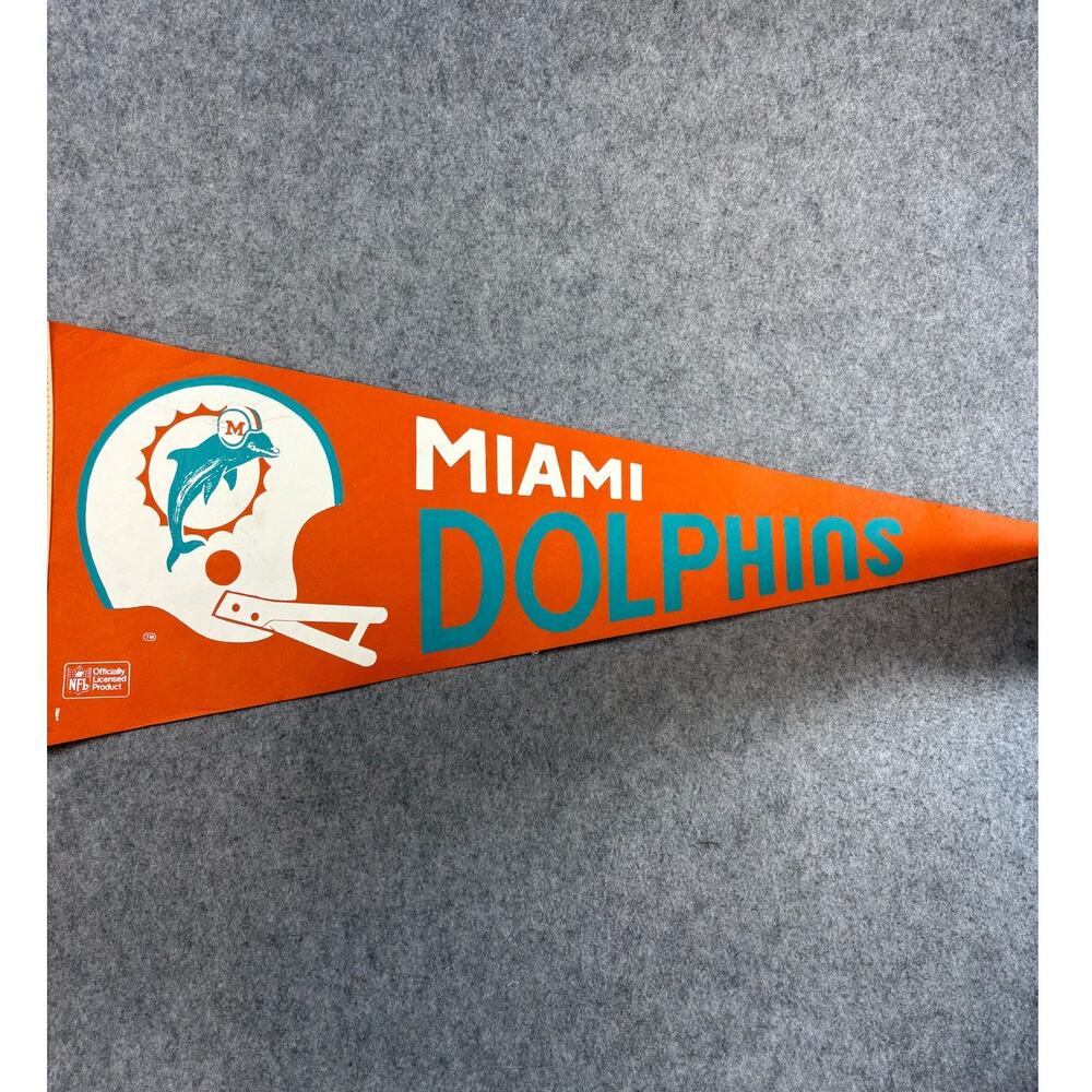 VINTAGE 80s Miami Dolphins NFL Felt Pennant Banner Helmet Logo Football Orange